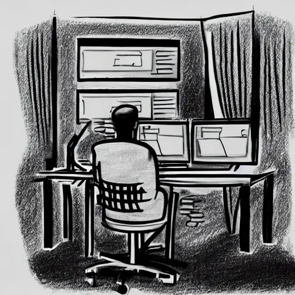 Prompt: drawing of a guy sitted at a office chair in a bedroom with three monitors programming, cyperpunk lighting, side, cyperpunk style