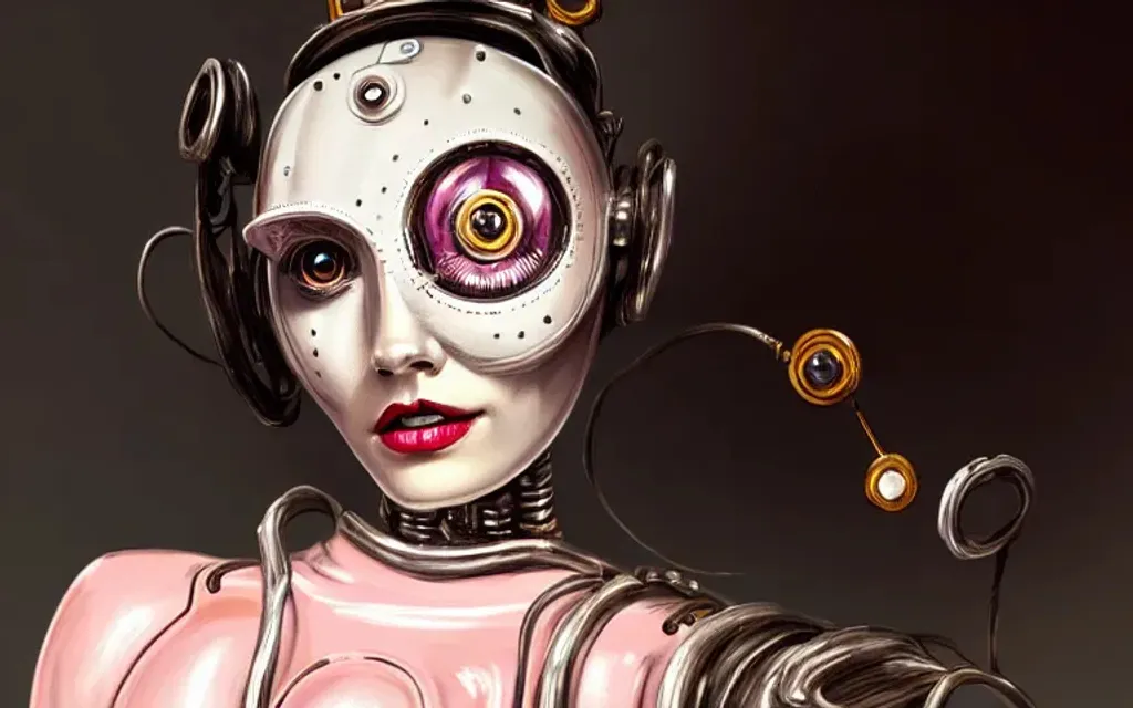 Prompt: portrait of a clockwork robot, elegant, highly detailed, digital painting, artstation, concept art, smooth, sharp focus, illustration, artgerm, dali, giger, adverticing, punk, glowing eyes, pink lips, latex skin, numbers in the background, cowboy, cheerful