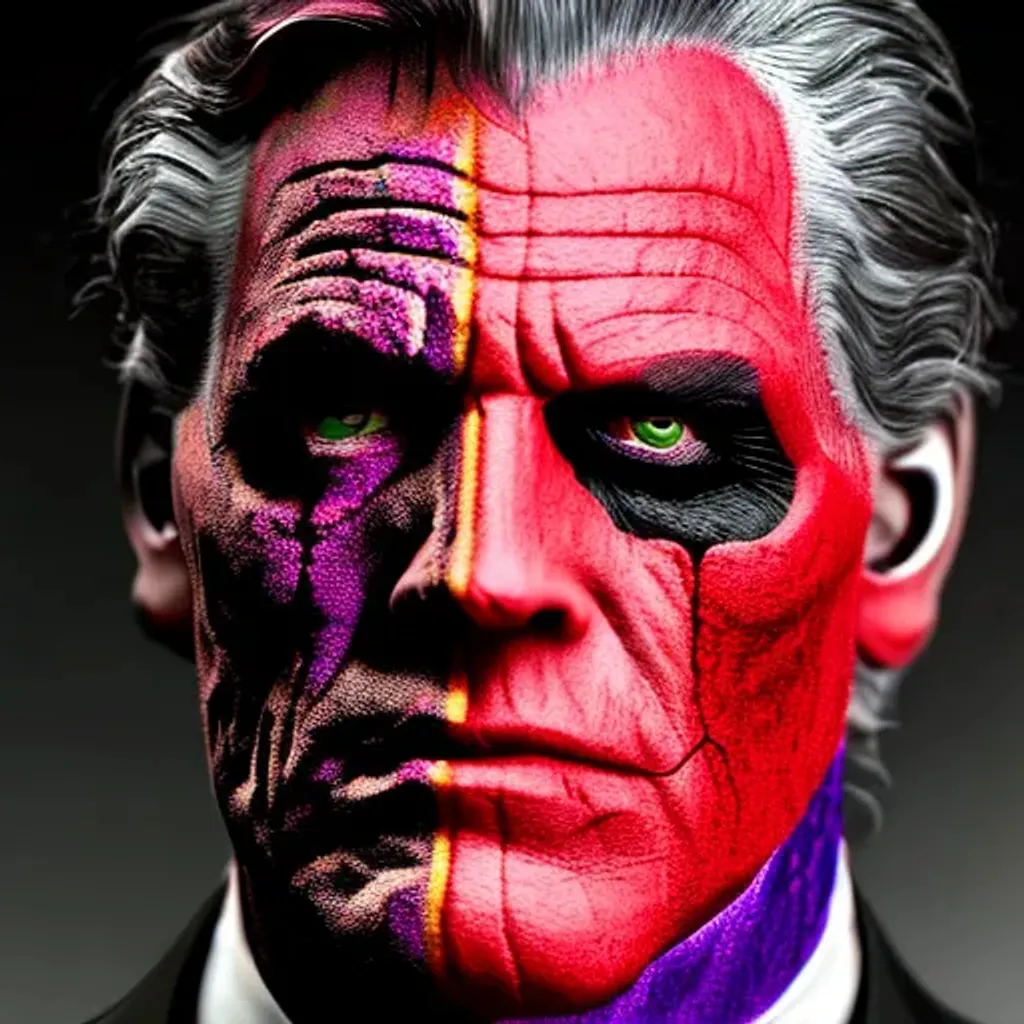 Prompt: Portrait of Two-Face, The Dark Knight Ted Nolan, highly detailed facial features, gore, horror, cinematic, intricate, menacing, vivid color, professional, centered, https://cdn.openart.ai/uploads/upscaled/psychedelic-art-style-vivid-color-8k-professional_NWam-5zD_upscaled.jpg, 