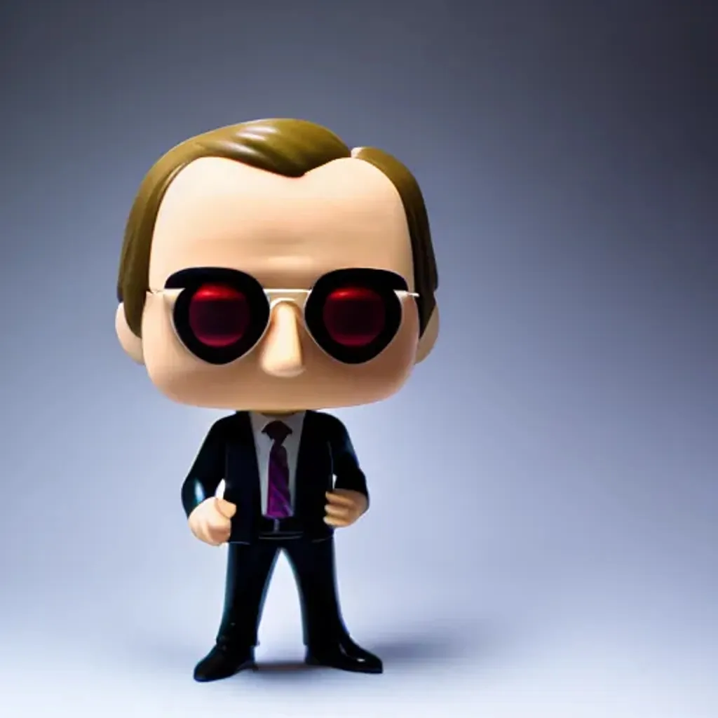 Prompt: Funko pop Saul Goodman figurine, made of plastic, product studio shot, on a white background, diffused lighting, centered