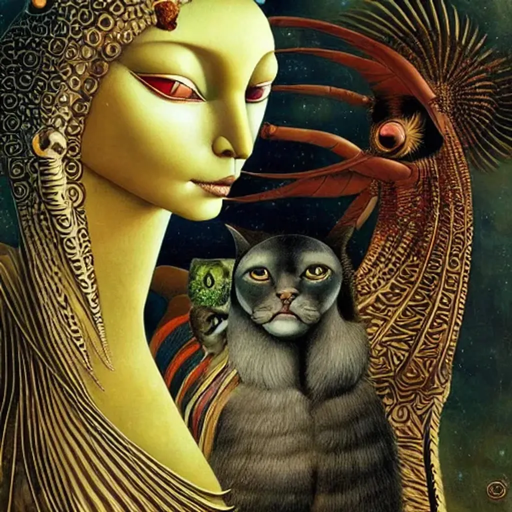 Prompt: Sphinx Peruvian arpillera Oxana dobrovolska victo ngai henry rousseau Vladimir kush peregrine heathcoate catrin welz-stein Andrea kurti Andrea kowch 