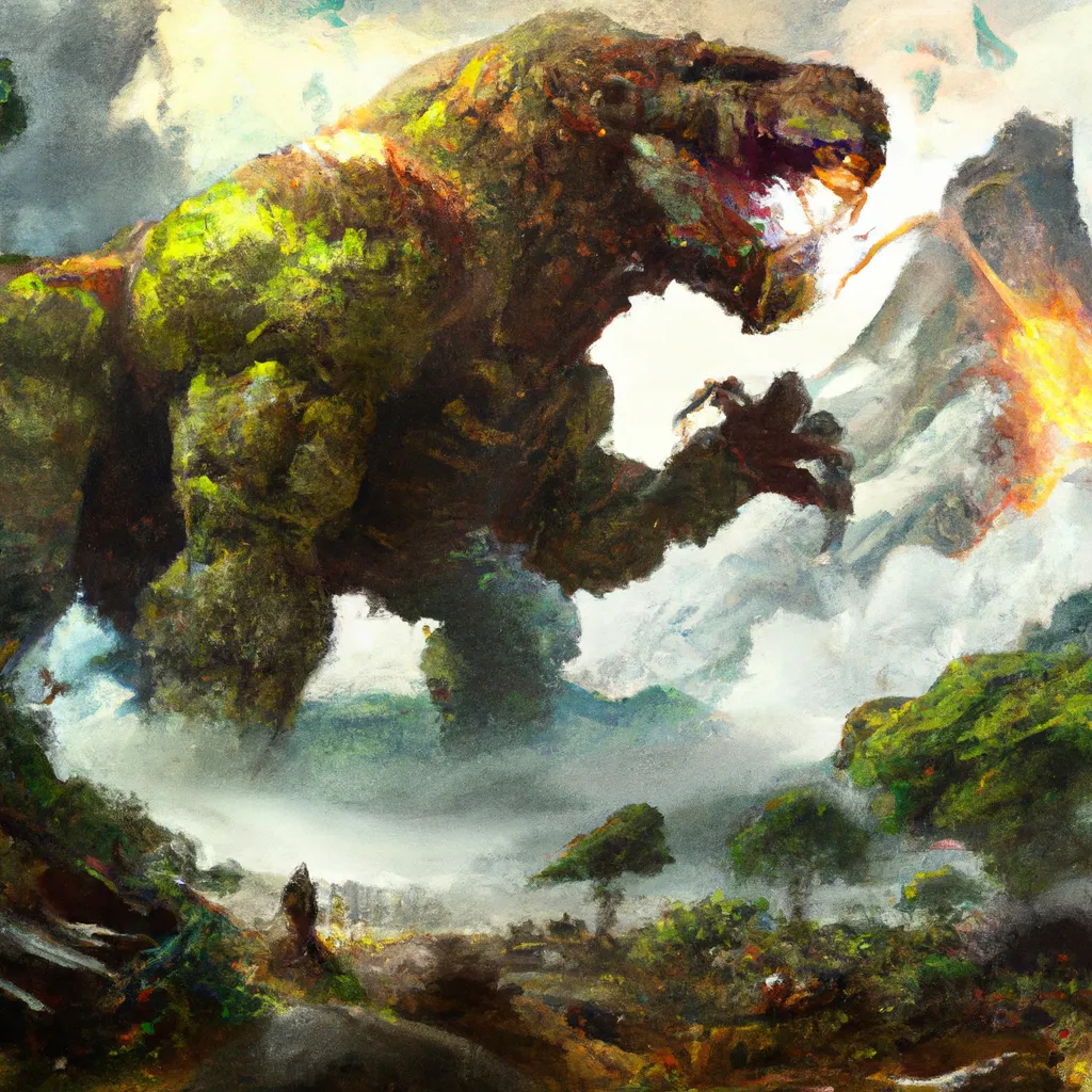 Prompt: Giant Mystical Monster destroying a jungle, painting by John Martin 