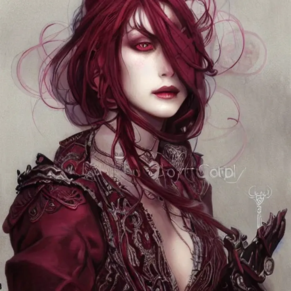 Prompt: Beautiful Female revenant, beautiful face and eyes, maroon tarnished longcoat, vengeful, high fantasy, steampunk, monochromatic, detailed face, highly detailed, smooth, shrap focus, matte digital illustration, by koyorin, donato giancola, pixiv