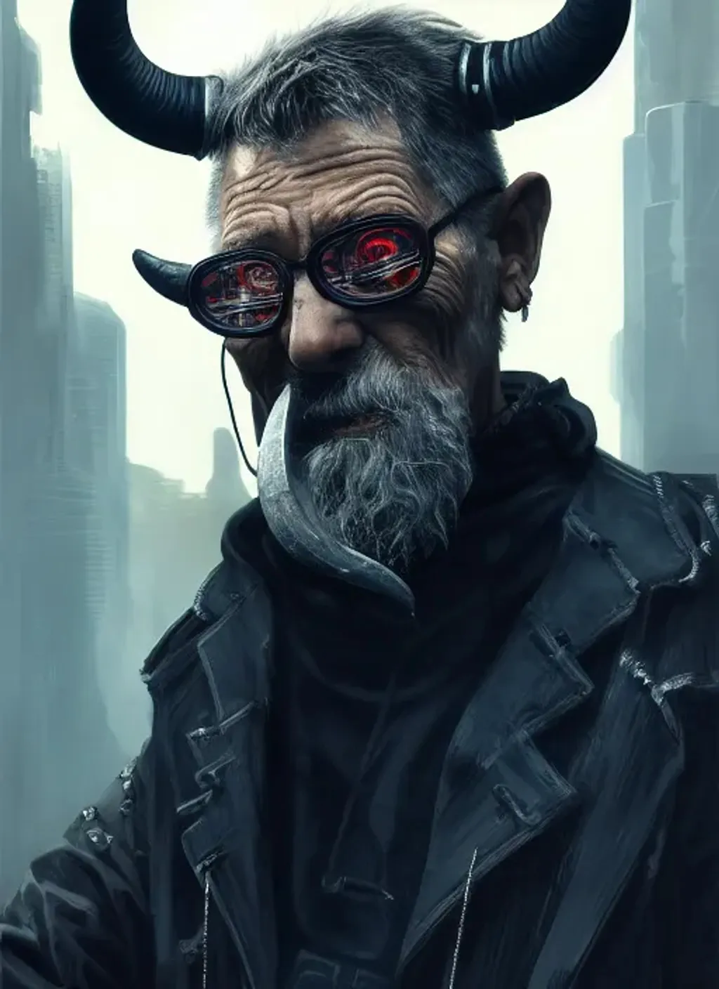 Prompt: Extremely detailed portrait of  cyberpunk old man with big horn's devil and with only black clothes, extremely detailed  cyberpunk street hyperrealistic background , 8k, high quality, concept art, trending on artstation, sharp focus, studio photo, intricate details, hyper detailed