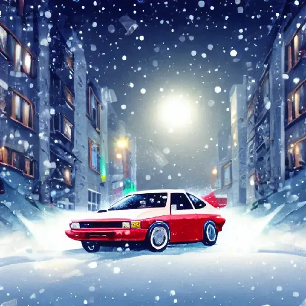 Prompt: corolla GT ae86 on the streets of tokyo with many lights and lens flares, snowy winter christmas night, in Children's book illustration style