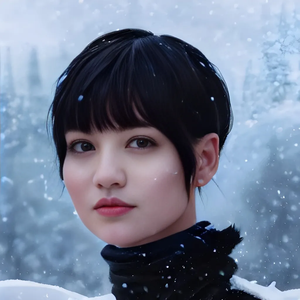 Prompt: Portrait of Lalisa Manobal with black short hair and bangs with and with cute face, north pole snowy vibe, perfect composition, hyperrealistic, super detailed, 8k, high quality, trending art, trending on artstation, sharp focus, studio photo, intricate details, highly detailed, by greg rutkowski