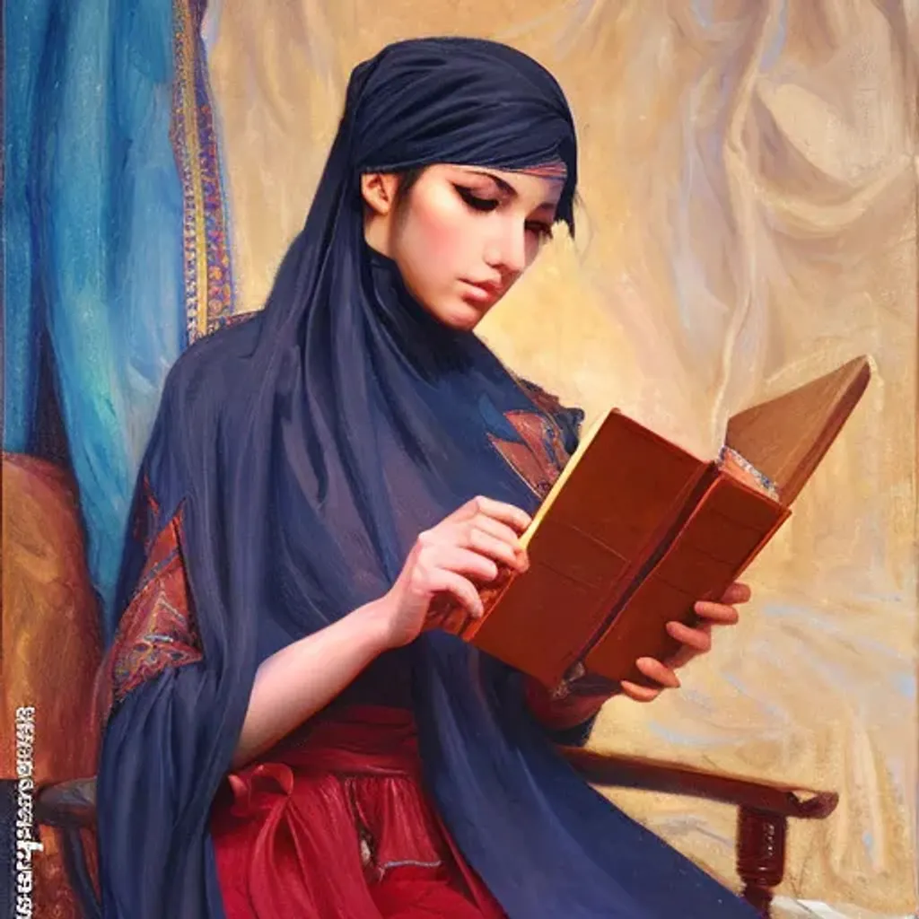 Prompt: A portrait of niqabi arabic gorgeous girl reading quran , ultrawide angle, uhybrid oil painting, unreal engine, rpg portrait, extremely detailed, artgerm, greg rutkowski, alphonse mucha, vladimir volegov, adolphe bouguereaum