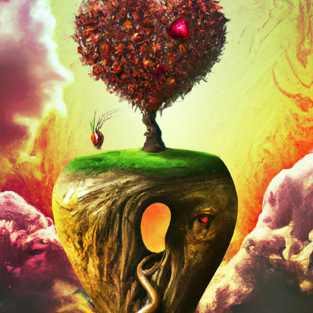 Prompt: Expressive surrealism digital art 

          Tree of love is growing on a huge apple 

          