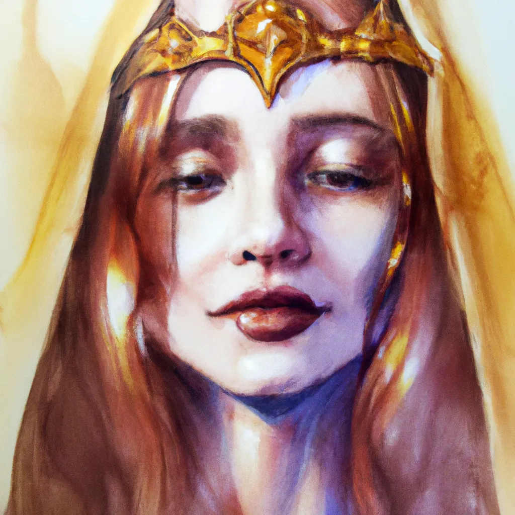 Prompt: intimate portrait, watercolor paiting, beautiful young elven girl wearing a crown, golden robes