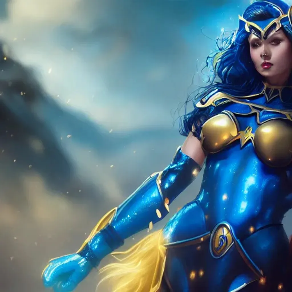 Prompt: a beautiful super heroine wearing blue and gold tiara and armor shaped like waves, in fighting position, portrait, cinematic lighting, hyper detailed, 4K, trending on Artstation.