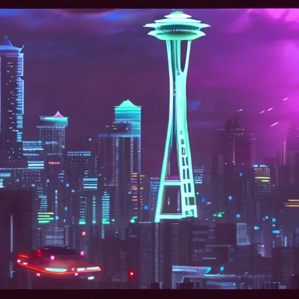 Prompt: A cyberpunk city in the art style of blade runner 2022, HD Hyperrealism, Photorealistic 4k HD, Seattle Space Needle, "Colombia Tower" 80's neon lights holographic advertisements, Cars and rain, real