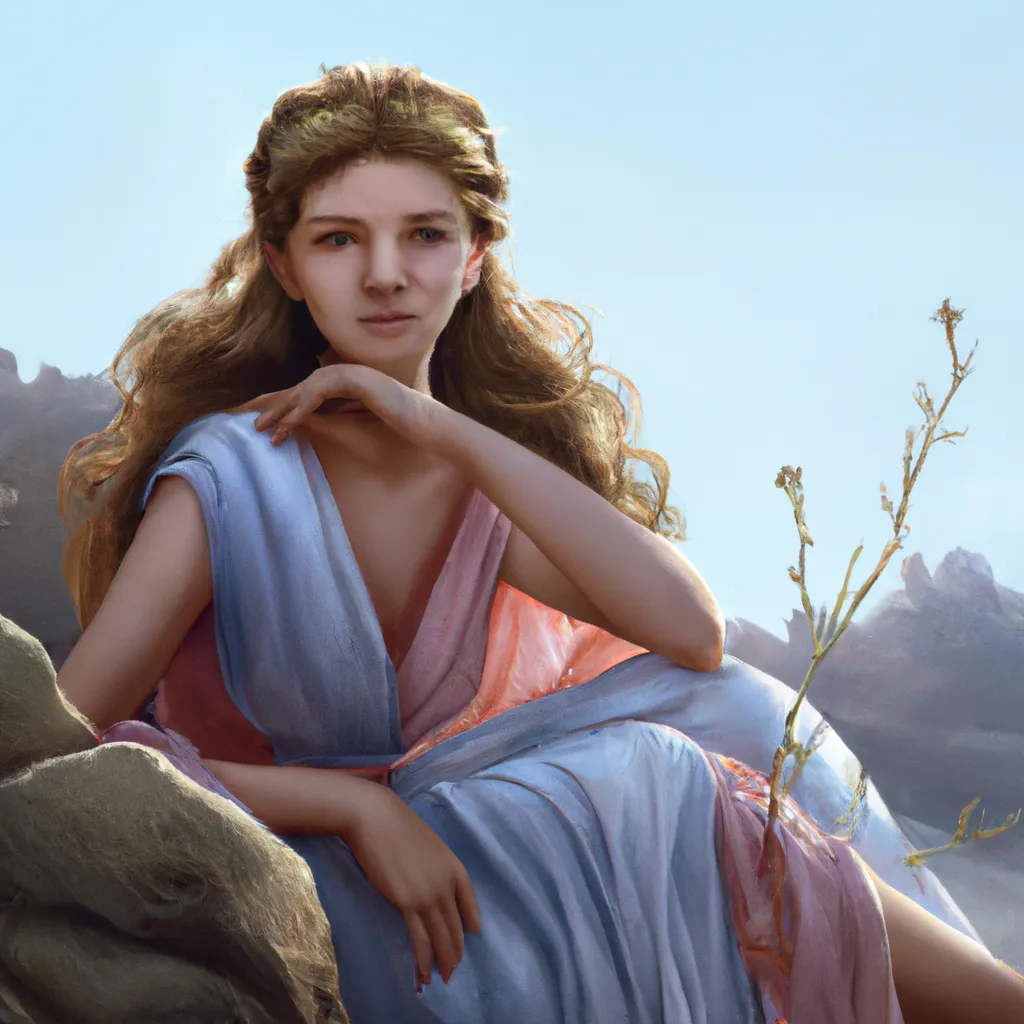 Prompt: greek goddess-like young woman, detailed radiant face, long flowing hair, blushed cheeks, blue eyes, sitting on a rocky hill, 4 k, William-Adolphe Bouguereau-like