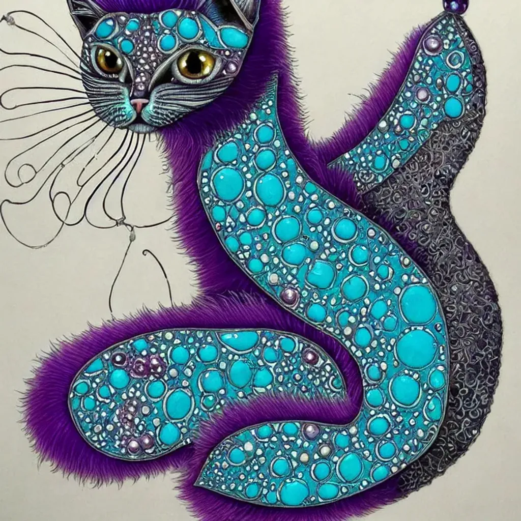 Prompt: Sitting Zentangle bejewelled water cat, indigo, aubergine, cream photorealistic eyes, very fine long wispy fur, translucent colours, fursona, water droplet reflections, in the style of  and Patricia Polakko, photo realistic, background gradient turquoise intricate, hypermaximalist elegant aesthetic, ornate, hyper realistic, cinematic, furpunk, animecore, concept art, smooth, sharp focus, Unreal Engine 5, 128K UHD pi, fractal, fBm