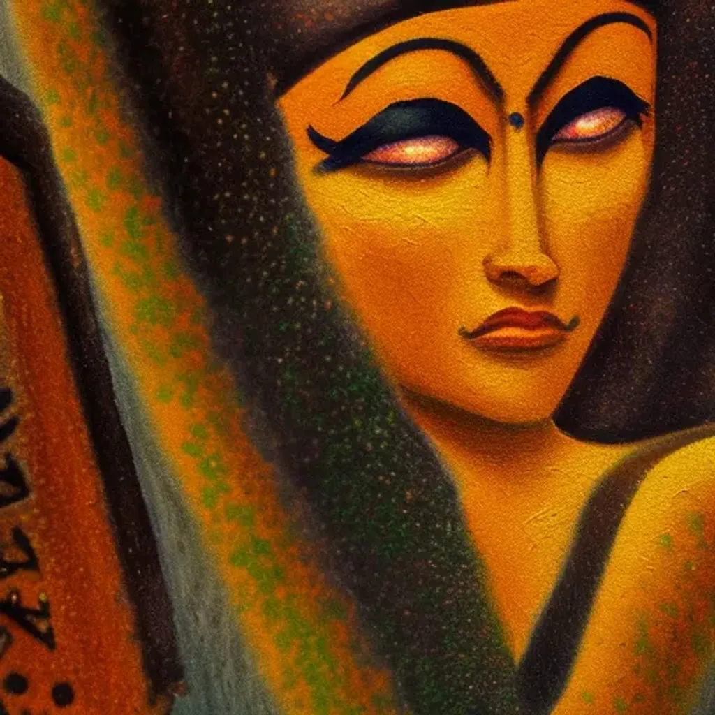 Prompt: a painting of Egyptian coffin sand, inspired by Gustaf Tenggren, fantasy art, detail shot, impressionist oil painting, masterpiece contrite conundrum, map patreon, fantasy comics, crayons, seurat, very grainy, warping shapes