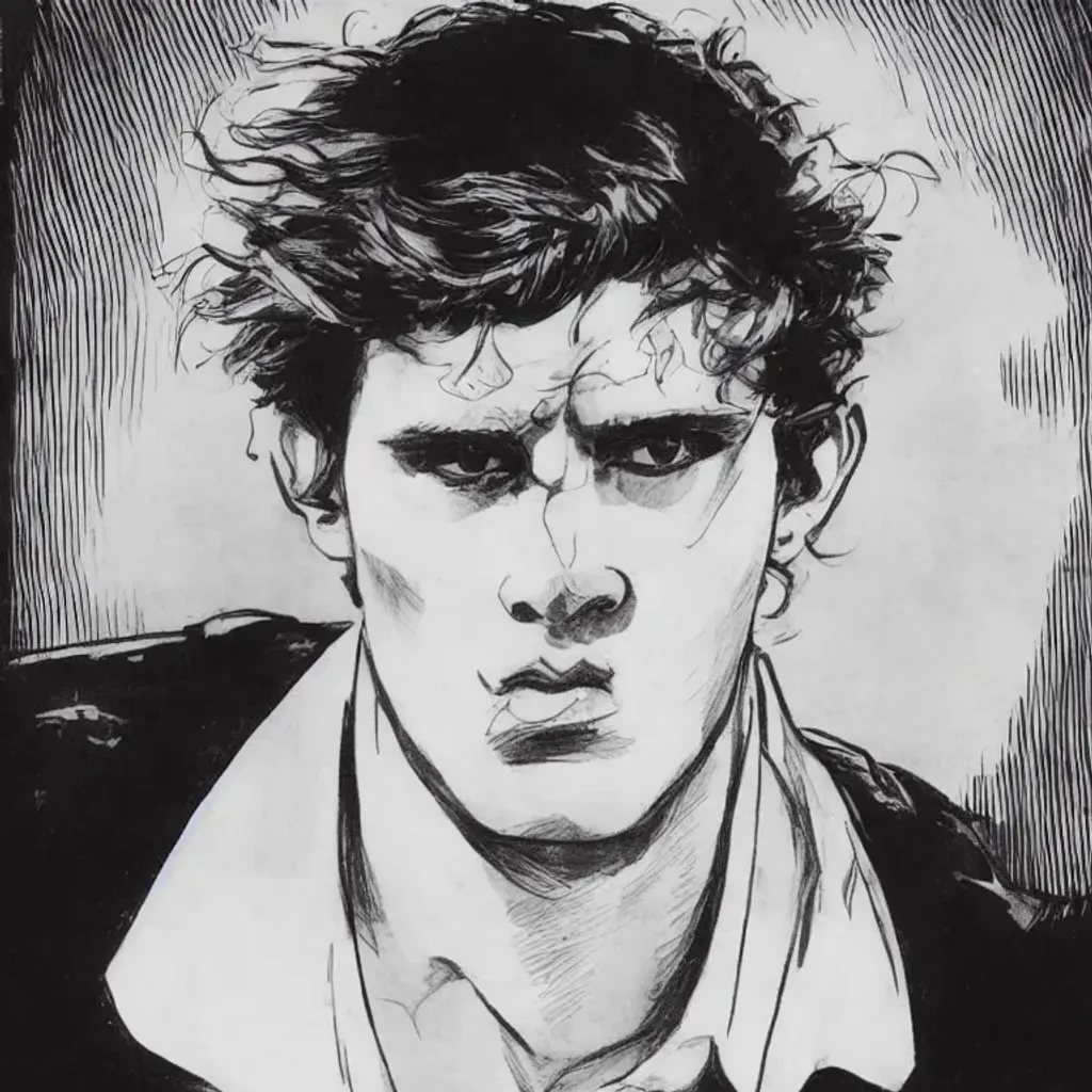 Prompt: black and white cross-hatching medium-shot ink European illustration of a young man in white shirt, wide shoulders, closed mouth, focused symmetrical detailed eyes, looking at camera, has dark hair, by Moebius