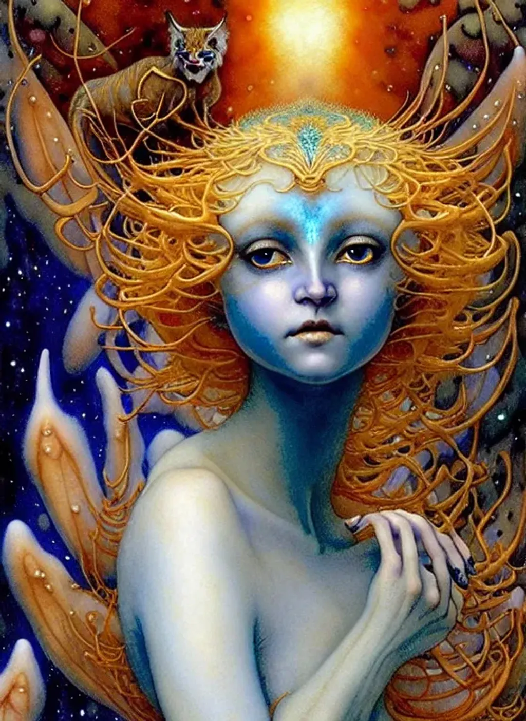 Prompt: (( woman cherub shapeshifter by Daniel Merriam, Merritt Chase, Singer Sargent )) (lynx-Influence) indigo cream burnt-orange, pine gold photorealistic eyes, beautiful face, beautiful hands, impeccable skin details, very healthy, galaxy hair, glowing translucent fractal ((snowflakes)) by ((Ernst Haeckel, John Berkey)) background theme (murmuration of icicles) made of shining translucent silicone, high index of refraction, bioluminescent (fractal spray of droplets) by ((David Hockney, Howard David Johnson)) airbrush, acrylic on paper, smokey sky, fBm clouds, sunlight and shadows,  cinematic, ultra realistic, sense of high spirits, global illumination, volumetric fog,  volumetric lighting, occlusion, Poser 128K UHD fractal, pi, fBm