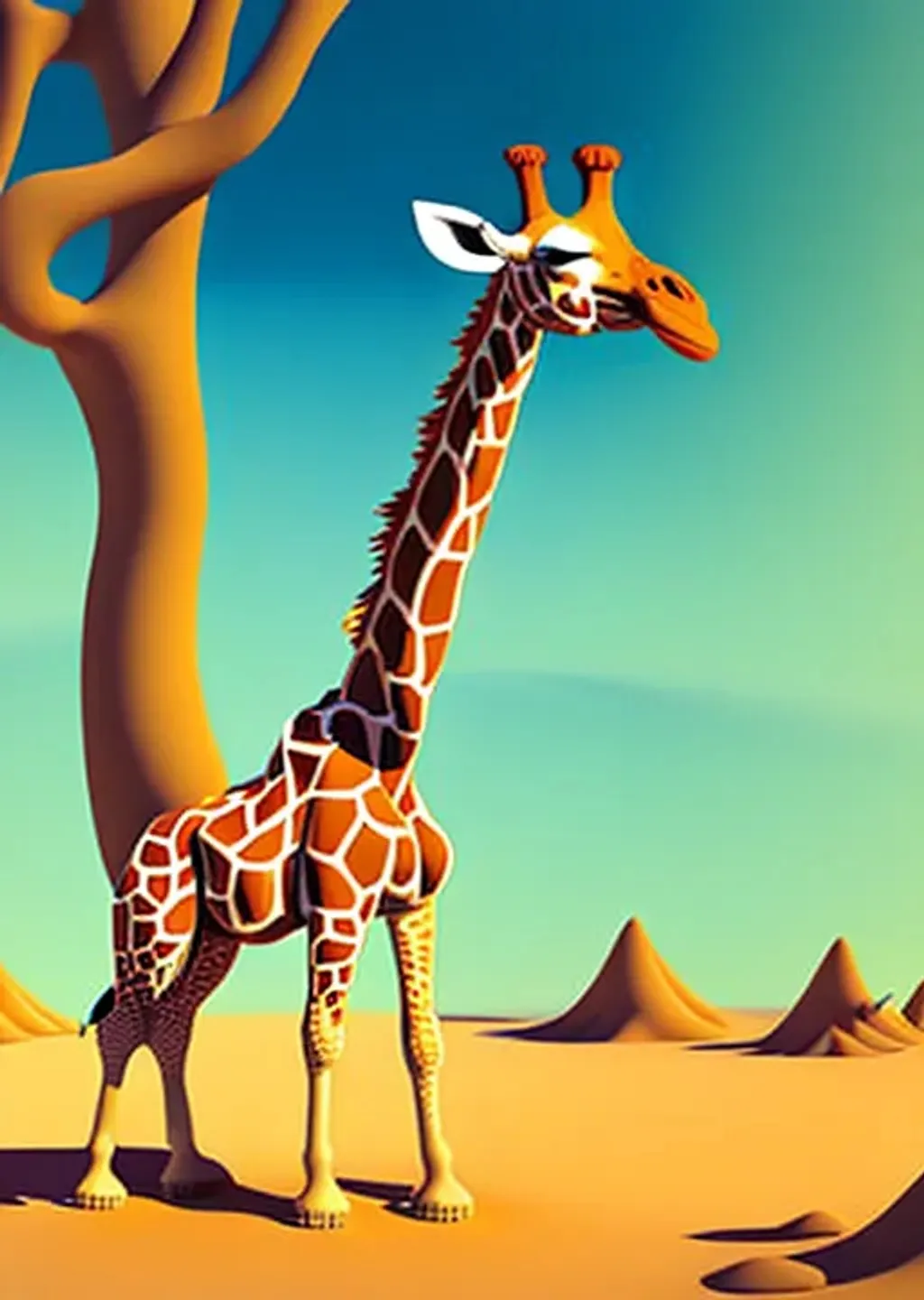 Prompt: a giraffe standing in the middle of a desert, inspired by Mike Winkelmann, behance contest winner, digital art, forest portal, made of tree and fantasy valley, magical portal opened, floating palace, low detailed, poster illustration, stylized 3 d graphics, yggdrasil, colorful flat surreal