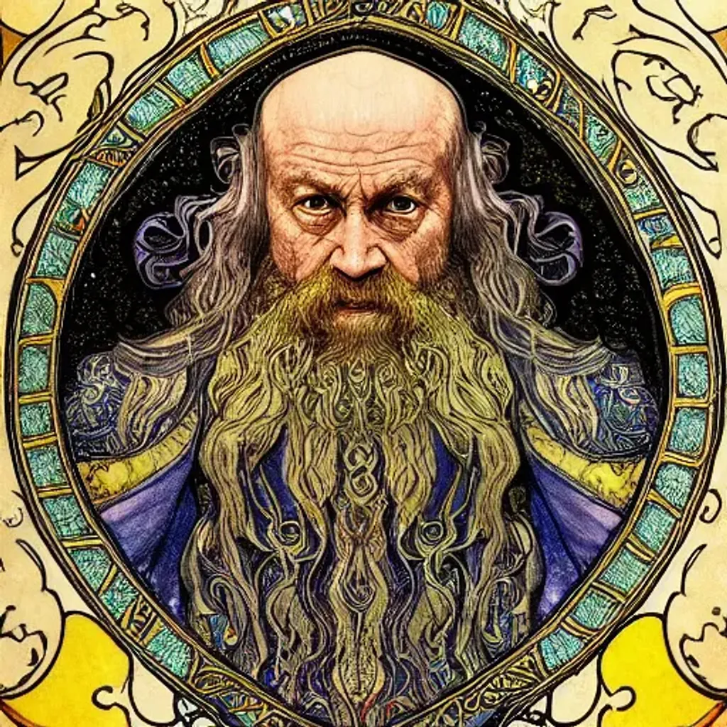 Prompt: extremely detailed medieval wizard, ancient colors, lord of the rings, fractal piezoluminescence, sparkling magic, intricate details, ink on paper, Highly detailed, poster, Chuck Close, Rubens, Mucha