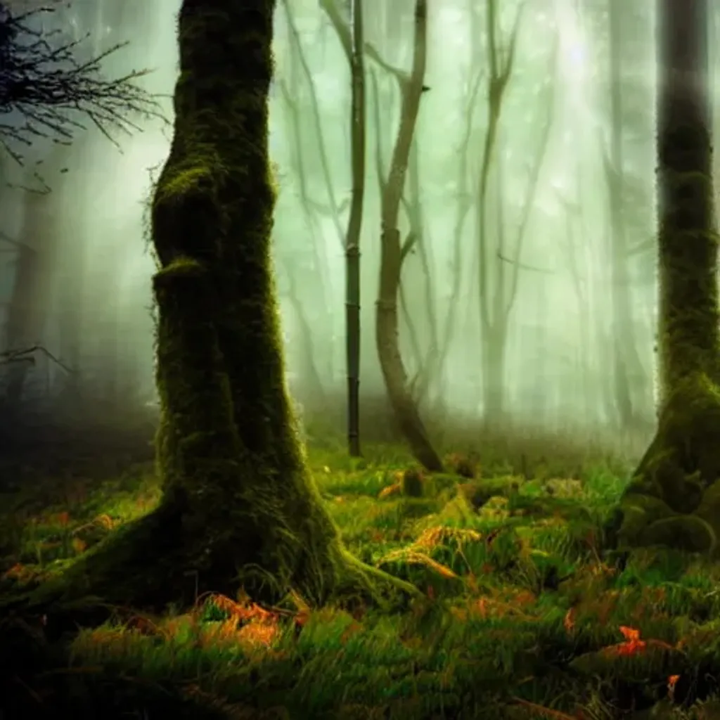 Prompt: Mystic forest, digital art, elvish forest, moss, light fog, cinematic light, autumn