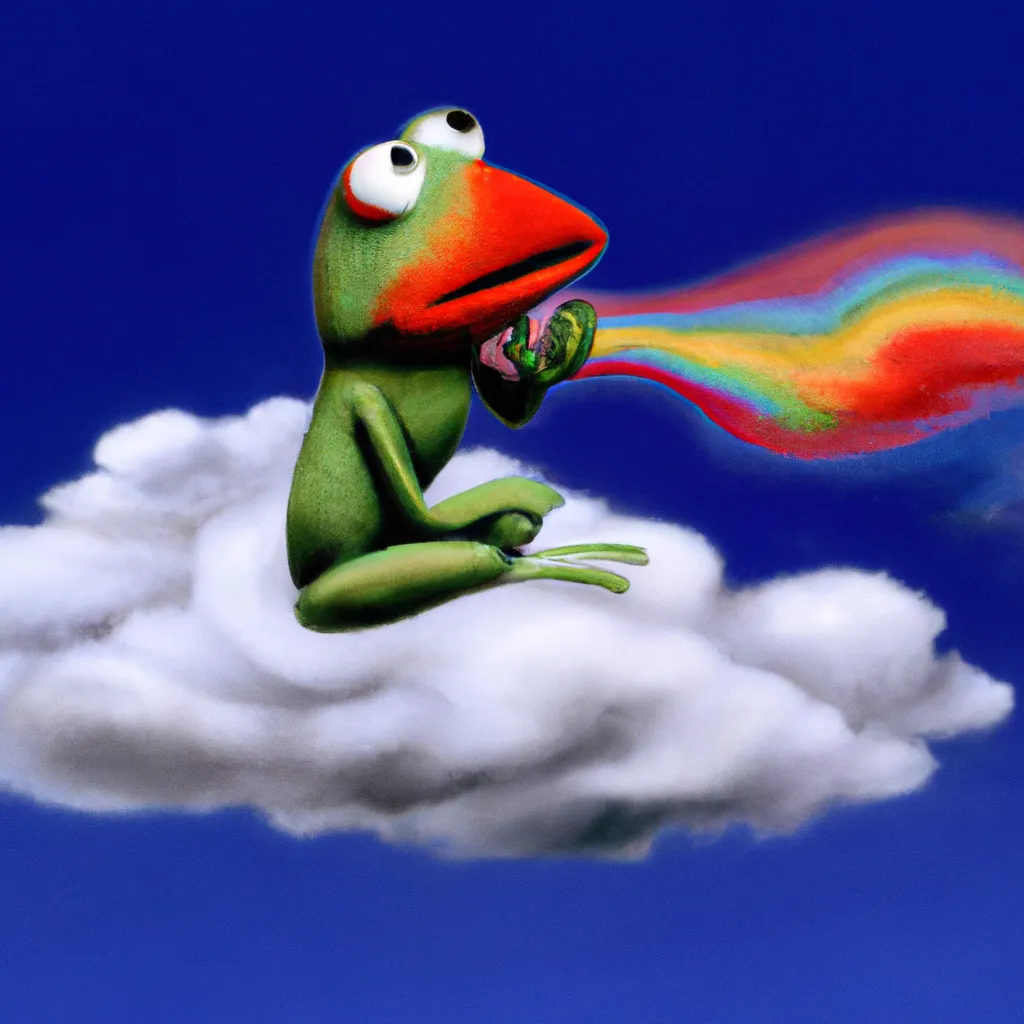 Prompt: A mysterious Kermit the frog as a rainbow cloud, cinematic, oil painting, Award-Winning, masterpiece 