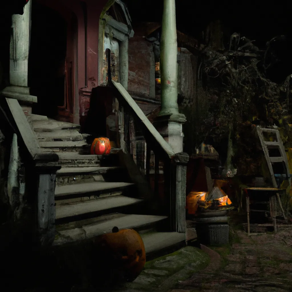 Prompt: extreme ultrarealistic photo of the abandoned old house at the night, dramatic lighting, candle on the steps by the front door, Halloween pumpkins and scarecrow in the yard, scary shadows on the walls, horror movie style evil dead, ultra-detailed, 4K