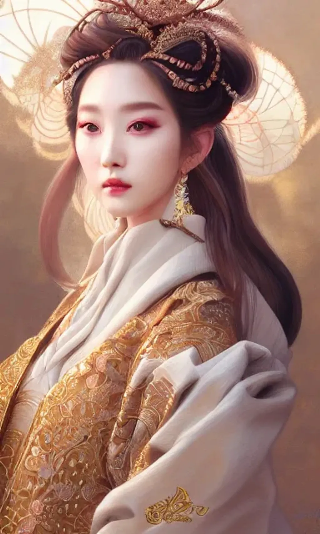 Prompt: matte portrait, feminine elegant ethereal kpop princess with intricately decorated traditional korean costume, blonde balayage wild hair, royal vibe, highly detailed, digital painting, Trending on artstation , HD quality, by artgerm and greg rutkowski and alphonse mucha, dramatic light, octane