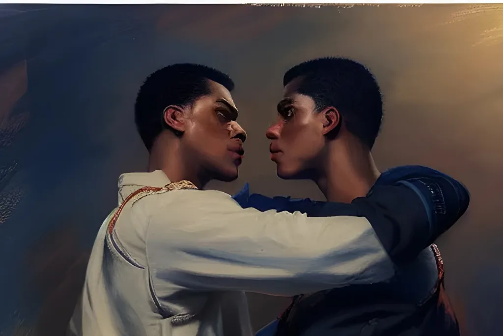 Prompt: handsome african american twin brothers with black hair and blue eyes play fighting, Ruan Jia, JC Leyendecker, Karlka