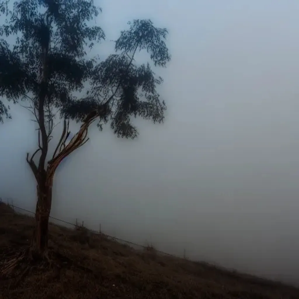 Prompt: dead trees on a hill, city in the background, fog with dark colors at night