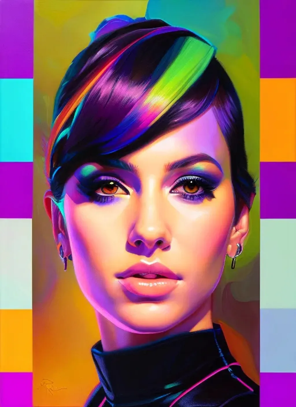 Prompt: Facial portrait of a cute teen girl, hispanic, pale skin, silk black hair, short hair, brown eyes, sweat, glasses, vivid colors, cyberpunk, purple neon, looking at the camera, extremely detailed painting by Greg Rutkowski and by Henry Justice Ford and by Steve Henderson