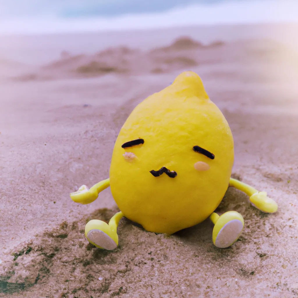 Prompt: A cute kawaii lemon plushie sitting in the sand of a hyperrealistic beach, uwu face