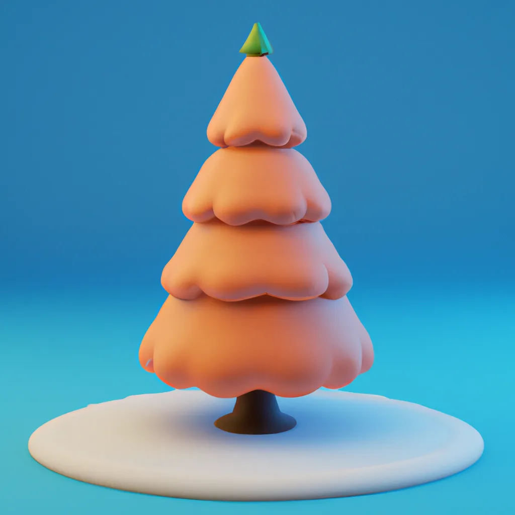 Prompt: 3D render of a cute rounded christmas tree in a clay style, frontal view, blue background, substance 3d painter, blender, smooth texture, warm lighting, high resolution, trending on behance.net, by Nintendo