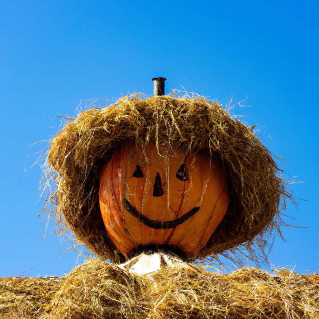 Prompt: A scarecrow made of hay with a horror pumpkin head