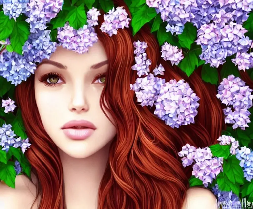 Prompt: Beautiful woman with auburn hair Emerald green eyes perfect burgundy lips cute little nose Seated in a garden of hydrangeas Award-winning CGi artgerm