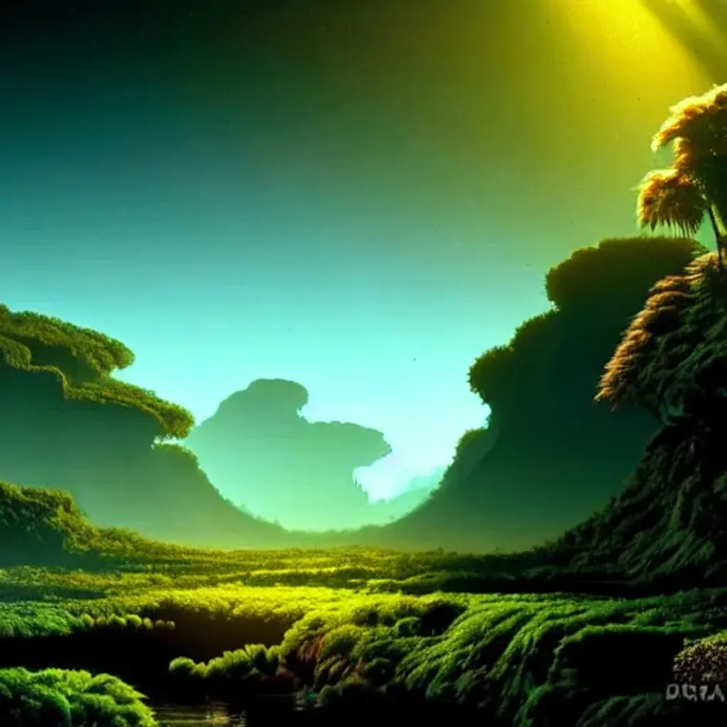 Prompt:  Subtropical river valley on an exoplanet. Clear smooth brush strokes. Sharp focus. Color wash by pixar and dreamworks, centered, scifi, backlighting, chiaroscuro, intricate details.