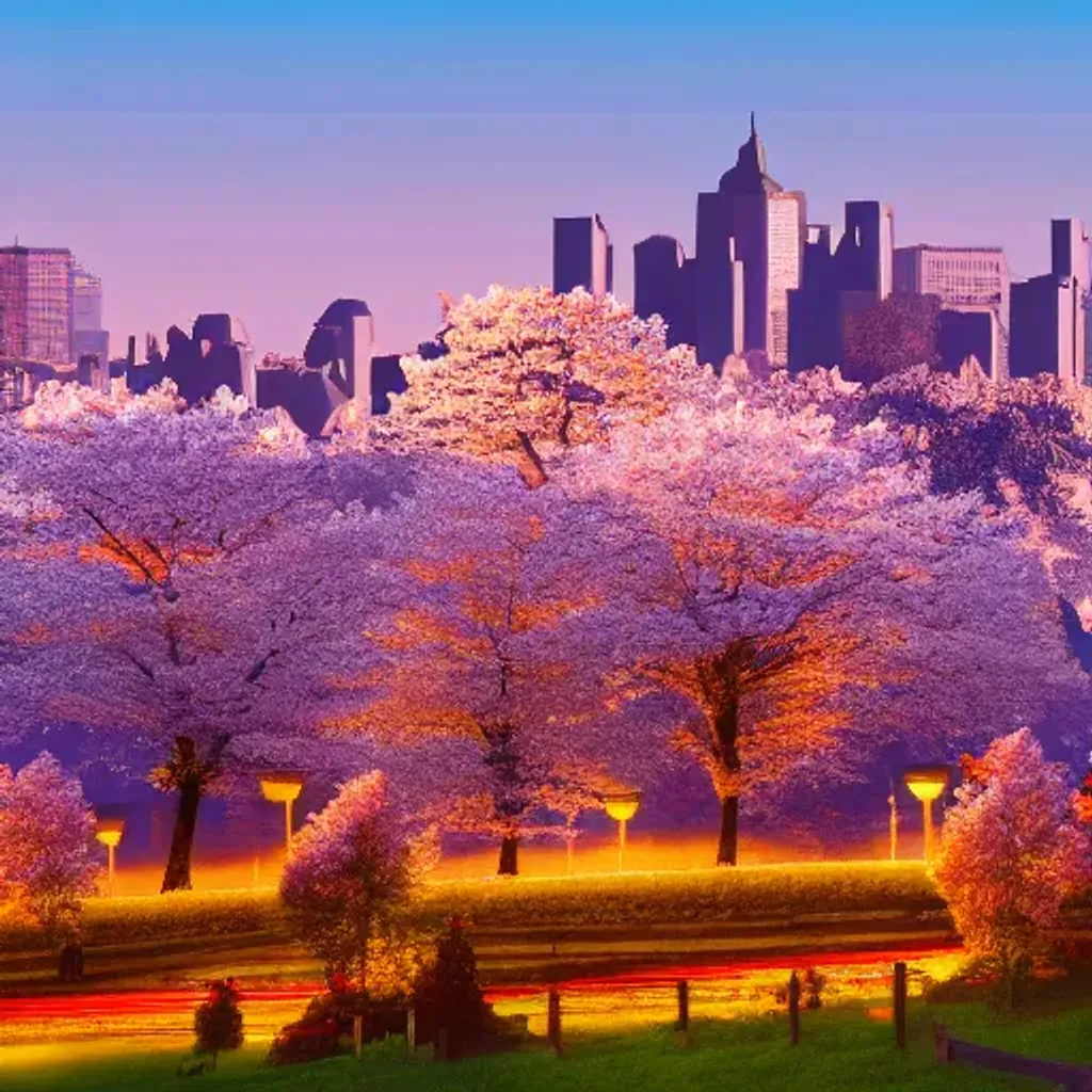 Prompt: three low poly cherry blossom trees on a hill in autumn at night, with city skyline in the background