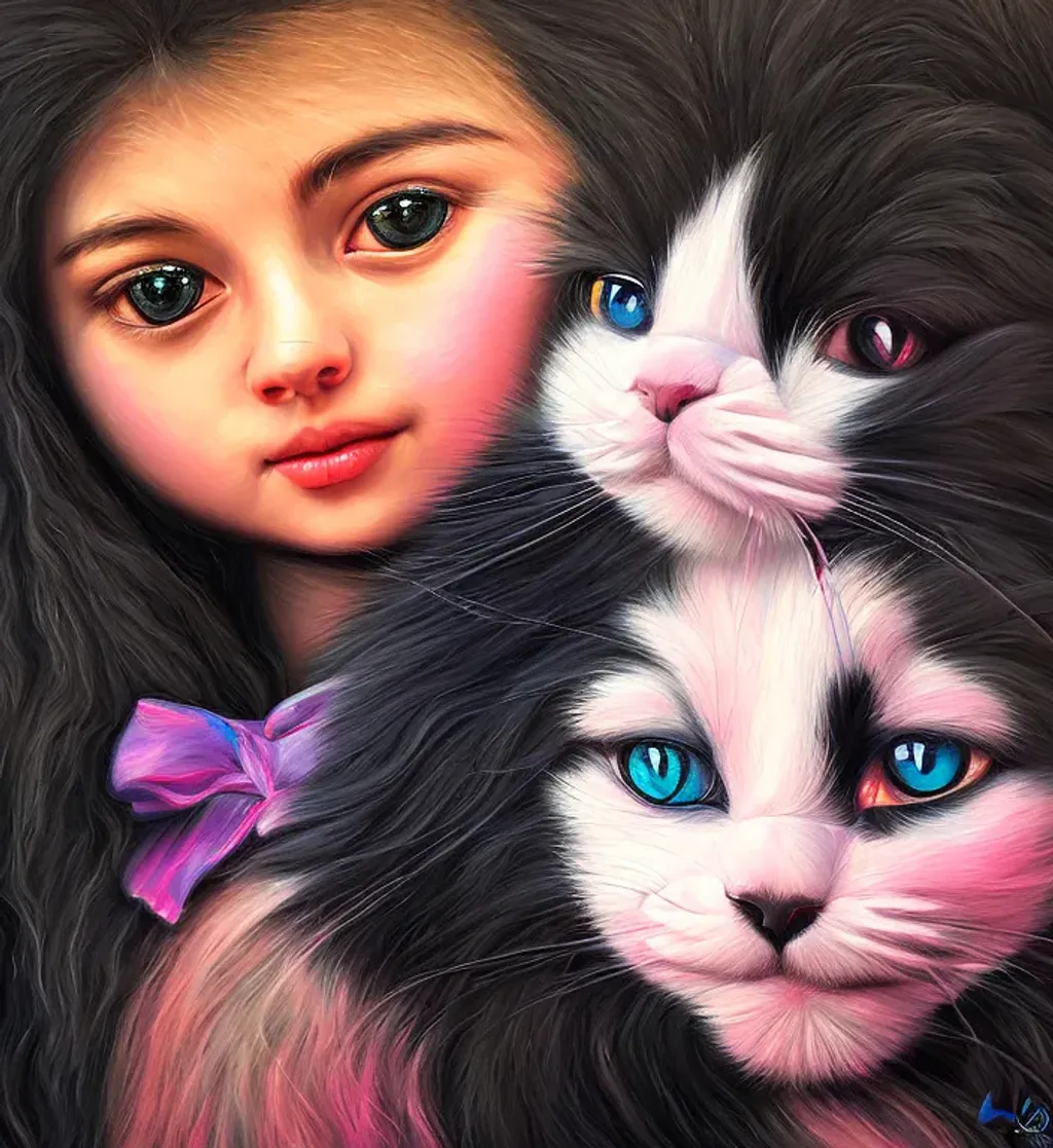 Prompt: oil painting realistic portrait of a very beautiful young girl cute nose perfect lips intricate girlish charm curly flyaway hair, holding a long haired black fluffy ragdoll cat, highly detailed, digital painting, sharp focus, dof, ultra reallistic, extremely detailed, intricate, artgerm, ambient lighting  award winning, fantastic view, colourful, intriguing 