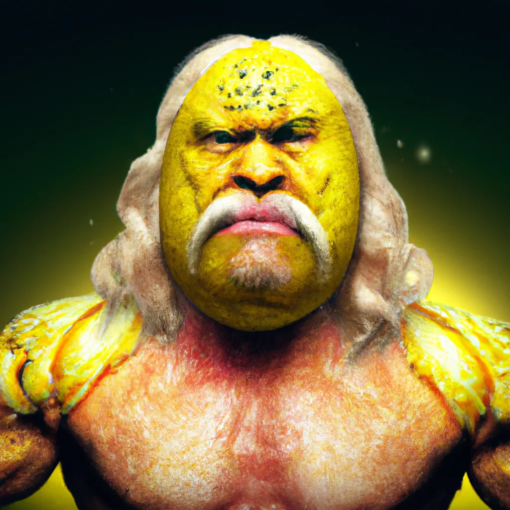 Prompt: Hulk Hogan as a lemon, Cinematic, Photography, F/2.8, 80mm, High Contrast, Cinecolor, 16k, Cinematic Lighting, Volumetric Lighting, insanely detailed and intricate, hypermaximalist, ornate, hyper realistic, super detailed