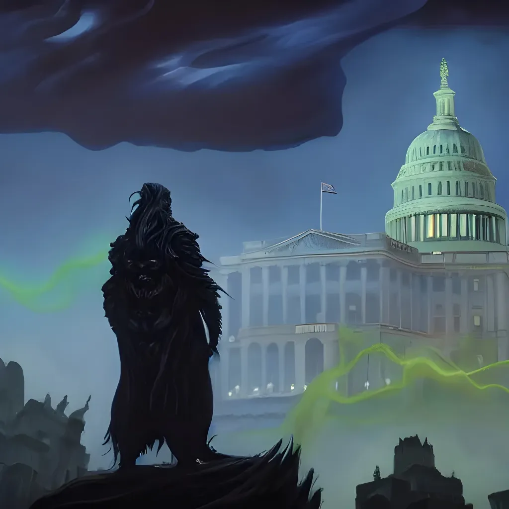 Prompt: joe biden as an evil giant cthulu god behind small white house foreground washington dc,  tentacles, fantasy, lovecraftian, mist, bioluminescence, hyper-realistic,  dark art, fear,art by Frank Frazetta, highly detailed, high definition, 8 k, trending on artstation w 1 0 8 0 h 1 9 2 0