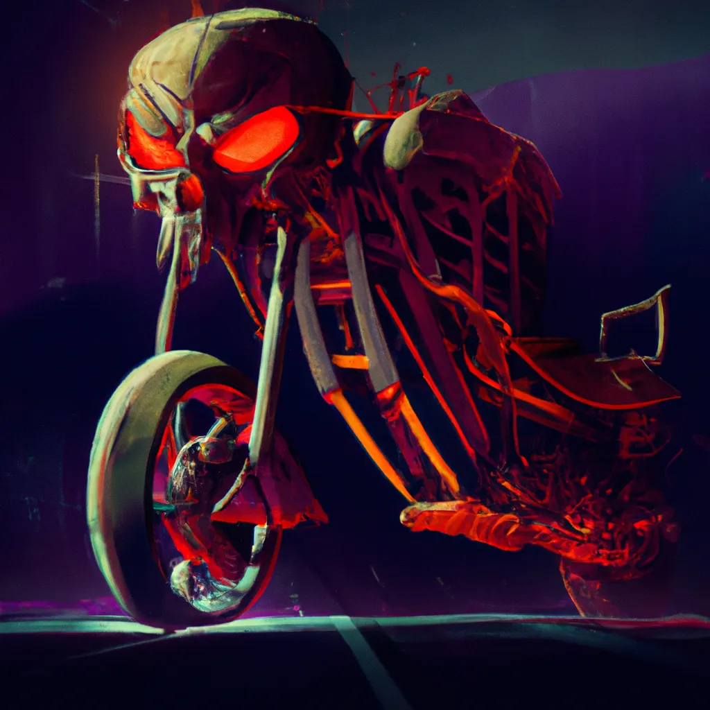 Prompt: horror concept art of skeleton motorcycle, weapon concept art, blood flowing through deadly motorcycle, cinematic lighting, 4k hd artwork, featured on artstation