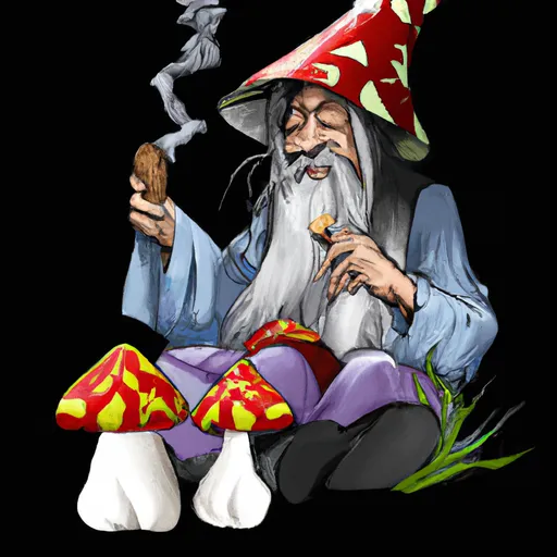 Prompt: realistic wizard smoking a bong next to mushrooms 