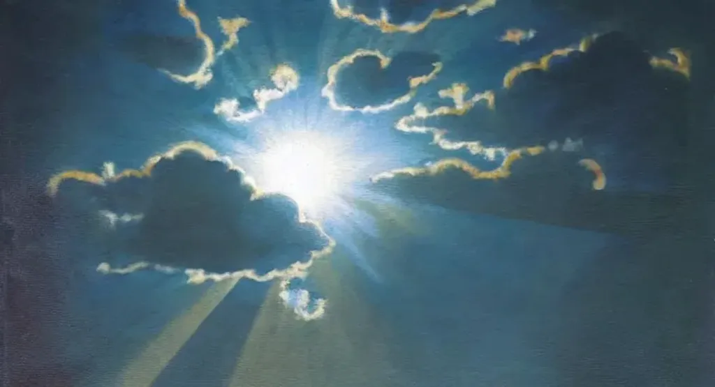 Prompt: Sun partially covered by large clouds in the bright noon sky, cubism art