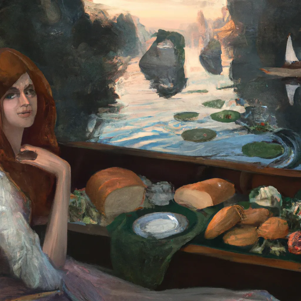 Prompt: "The Lady of Shalott" by John William Waterhouse, in the style of a cookbook recipe and big brother reality show painted by Anna Dittmann and Tom Bagshaw 