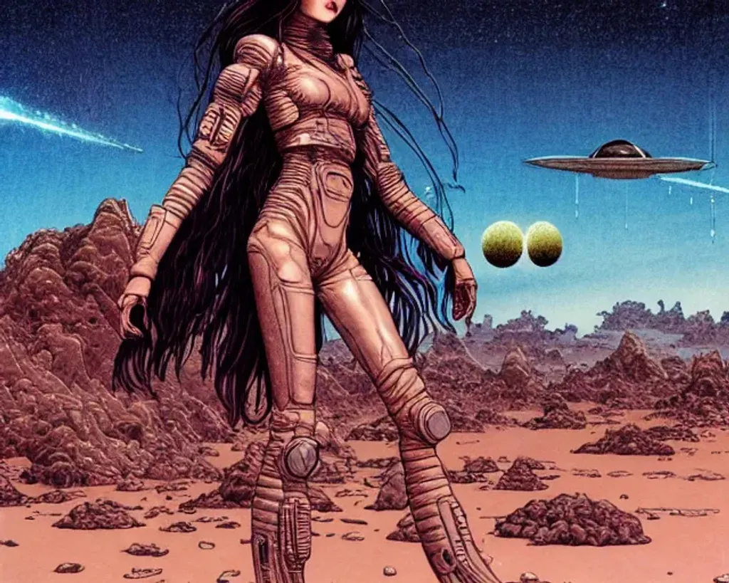 Prompt: Woman with dark curly long hair wearing tight alien battlesuit standing in alien dessert next to destroyed alien craft, by Makoto Kobayashi, by Moebius, by Jean Giraud, manga, anime style, 80's, Intricate, Hand drawn, concept art, grainy color, dim lighting, Anime Key Visual, beautiful composition