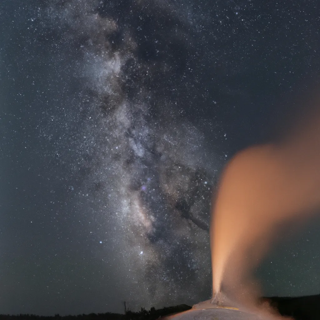 Prompt: Milky Way galaxy over old faithful geyser in Yellowstone National park, astrophotography, wide angle, natural lighting, 