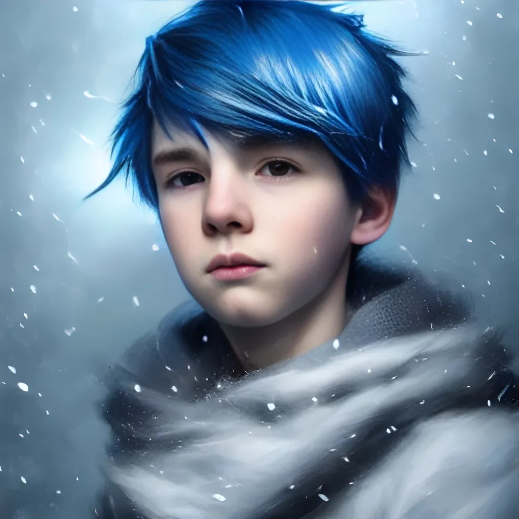 Prompt: Portrait of {boy} with {blue} hair and with cute face, {snowy vibe}, perfect composition, hyperrealistic, super detailed, 8k, high quality, trending art, trending on artstation, sharp focus, studio photo, intricate details, highly detailed, by greg rutkowski