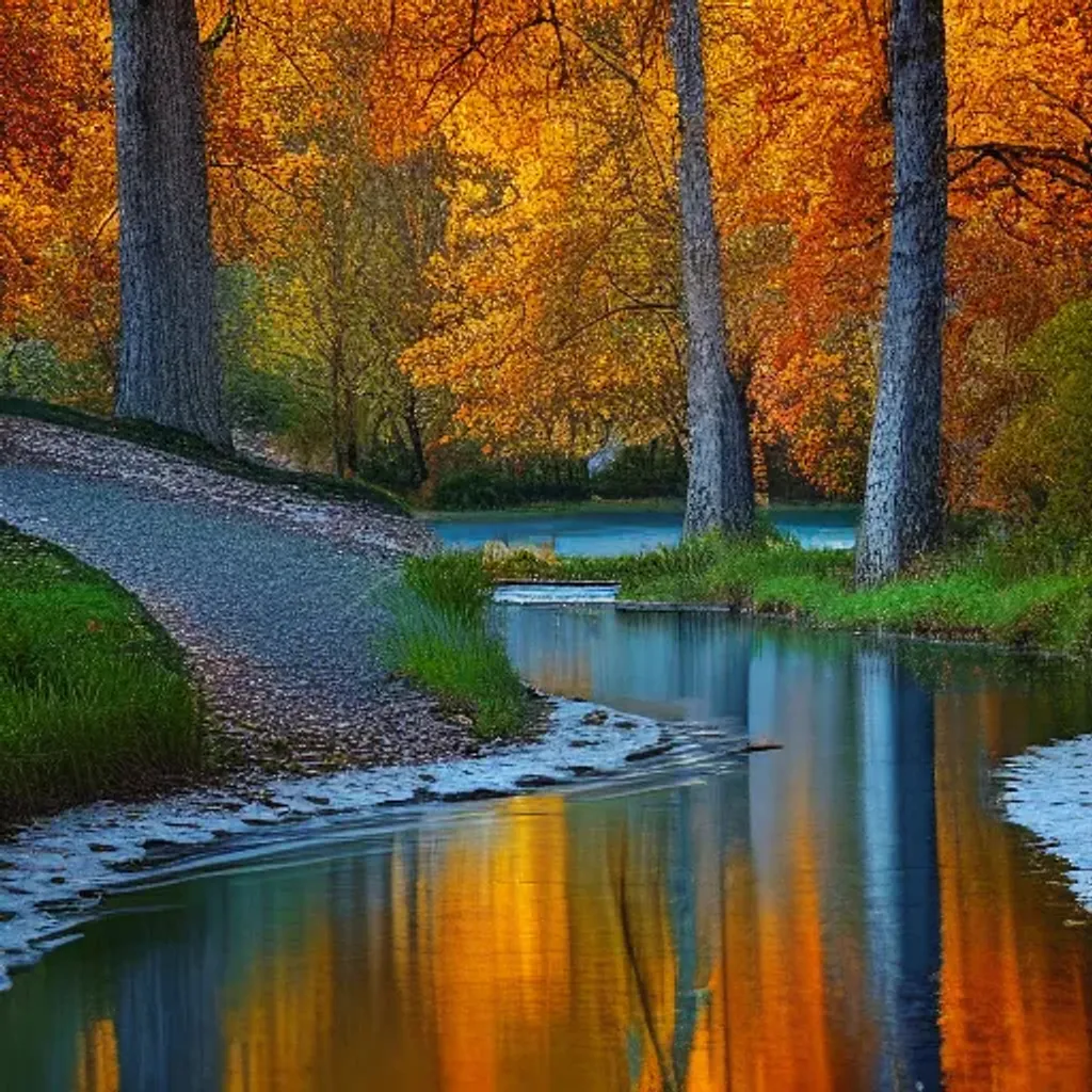 Prompt: autumn path in the park, blue water with reflections, soft colors, at dusk