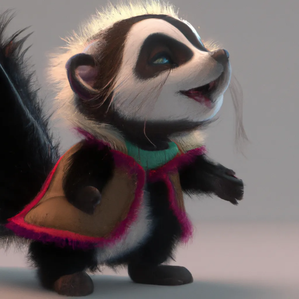 Prompt: High quality, Pixar style, tiny cute and adorable fluffy skunk  dressed in fantasy clothes, fantasy outfit, fantasy dress, small, adorable!, spotted skunk, anthropomorphic ,dnd, adventurer, dramatic lighting, 8k, portrait, cartoon, fine details, 3d render, cinematic ,intricate details, cinematic lighting, character design, character concept, cute, mascot,  adventure, dungeons and dragons, 8k, fluffy!, tsaoshin, pixar movie key visual, fantasy, DnD, adorable!, big eyes, animated, disney, anime, animation