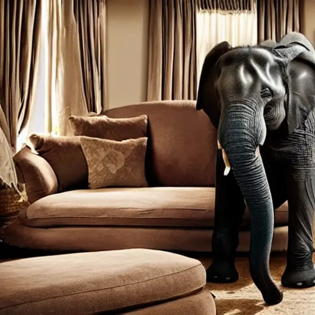 Prompt: A movie scene showing a large elephant sitting on a couch in a house. High quality. Realistic.