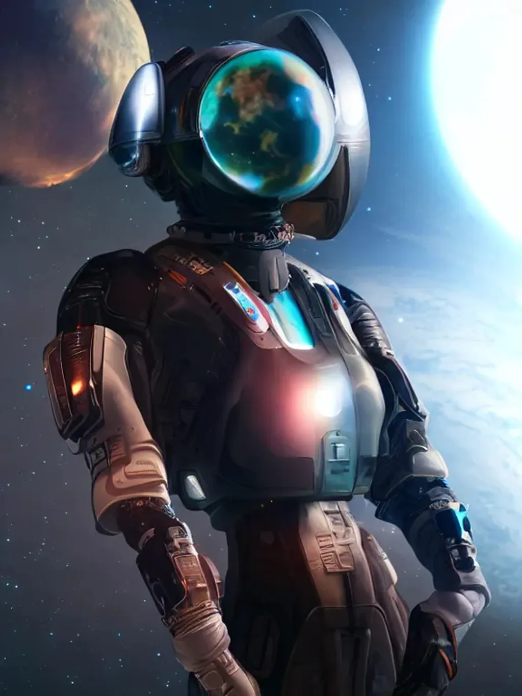 Prompt: futuristic in space portrait, planets and nebula behind, 4k, realistic, cropped