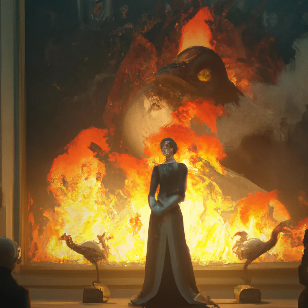 Prompt: a long shot photo of a cute girl in funeral clothing in a museum  that's on fire, filled with ducks, shrouded by fire light , highly detailed, photo realistic, 4k,by raymond swanland, zdzisław beksinski, iris van herpen!!! and alphonse mucha.  hyper - real, beautiful!